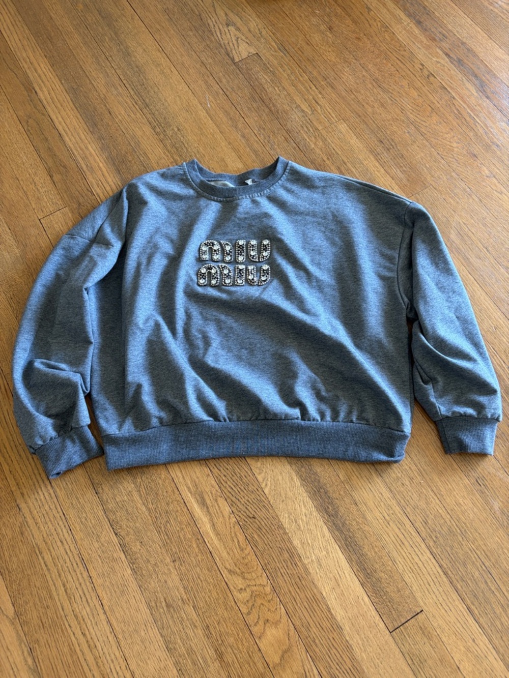 Dark Heather Gray Rhinestone-Embellished Crewneck Sweatshirt thrift find.